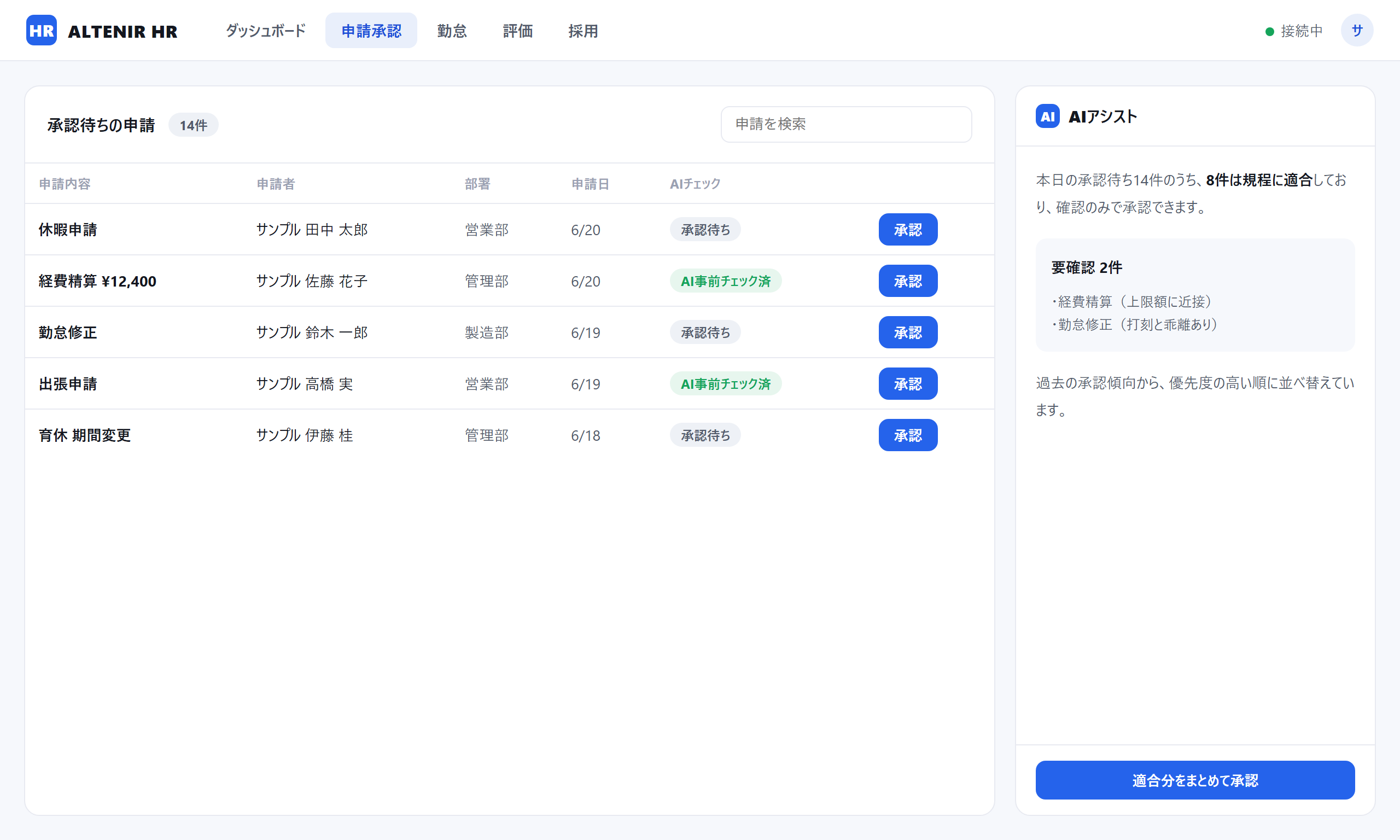 HRシステムの申請承認画面。AIが規程適合をチェックする様子